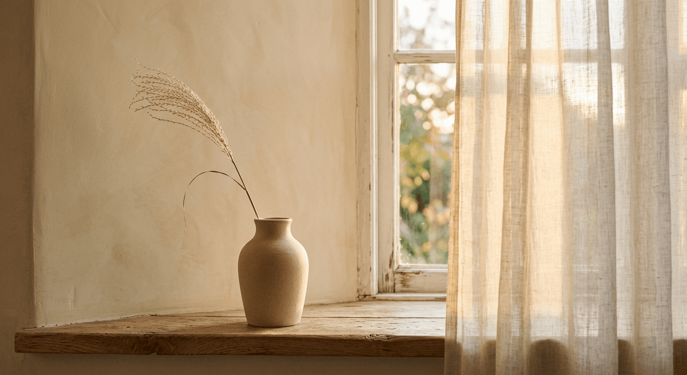 Ceramiczny wazon z suchą trawą na parapecie, za lnianą zasłoną ciepłe popołudniowe światło